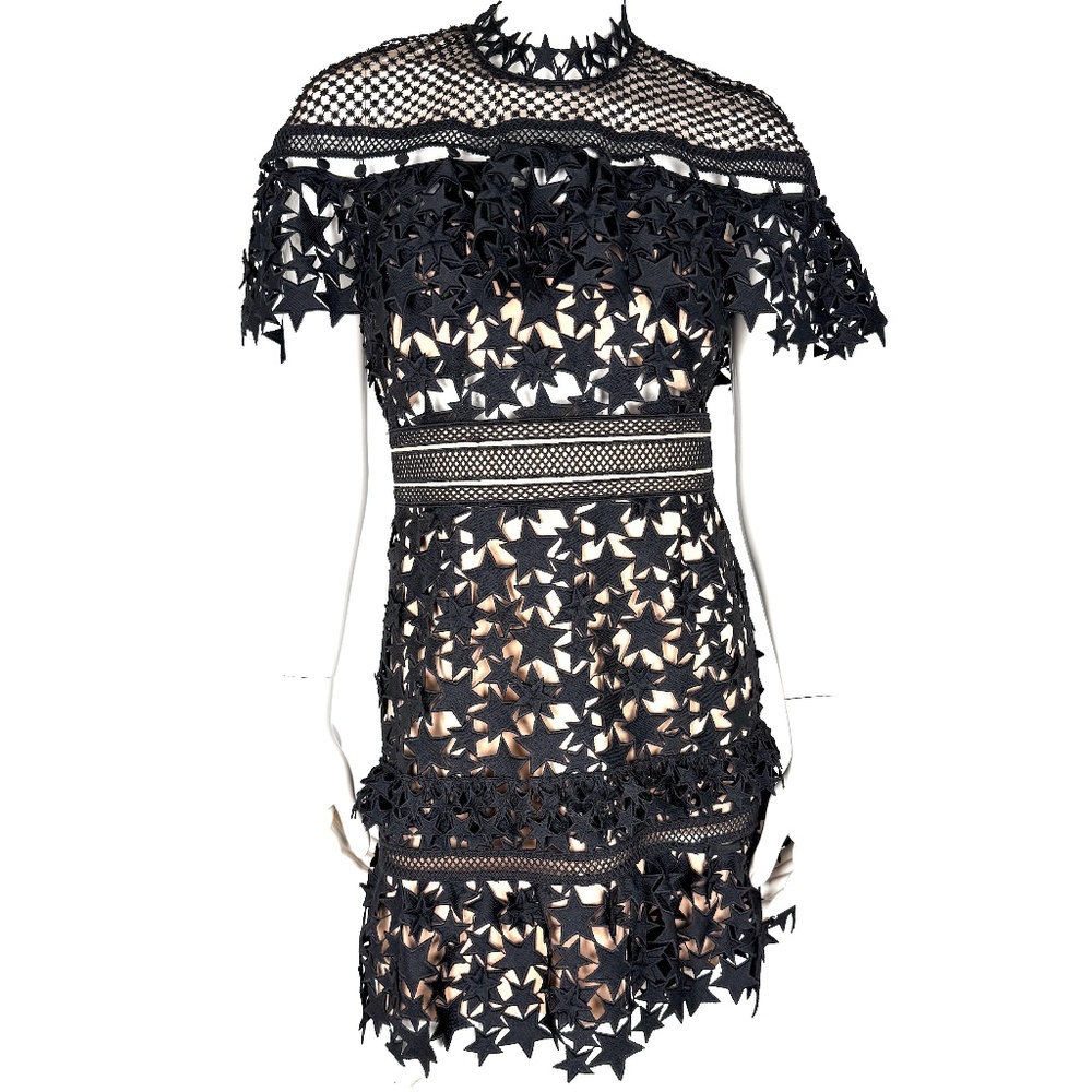 Self Portrait Black Lace Perforated Star A line Short Sleeve Dress 10US